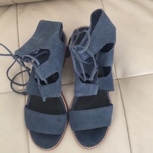 Blue suede lace up M4DE sandals 6.5